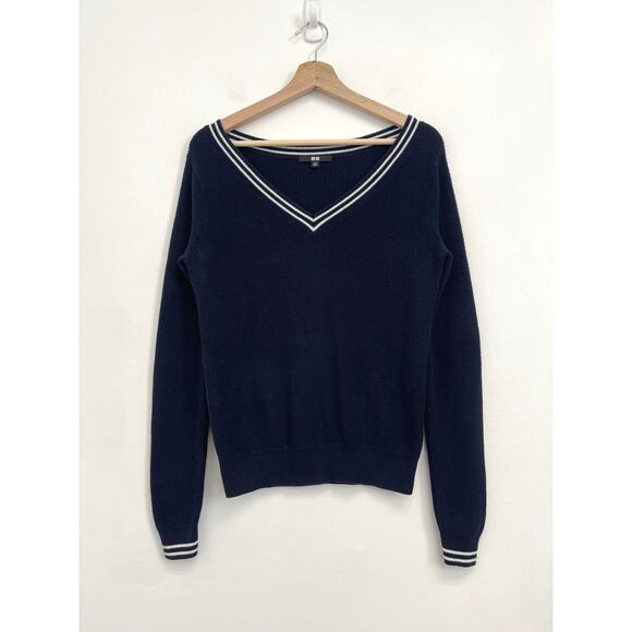 Uniqlo Cotton-Cashmere Collegiate Tennis Prep Varsity Ribbed V-Neck Sweater - XS - Picture 1 of 11